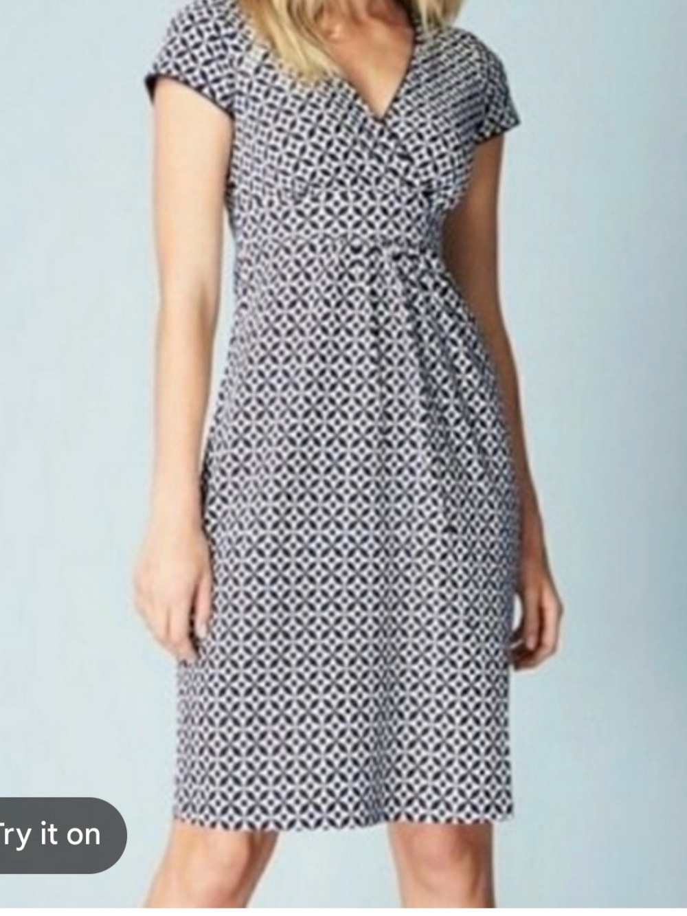Boden Jenny Navy Wrap White Geometric Faux Wrap Dress Empire Waist Preppy Size 6